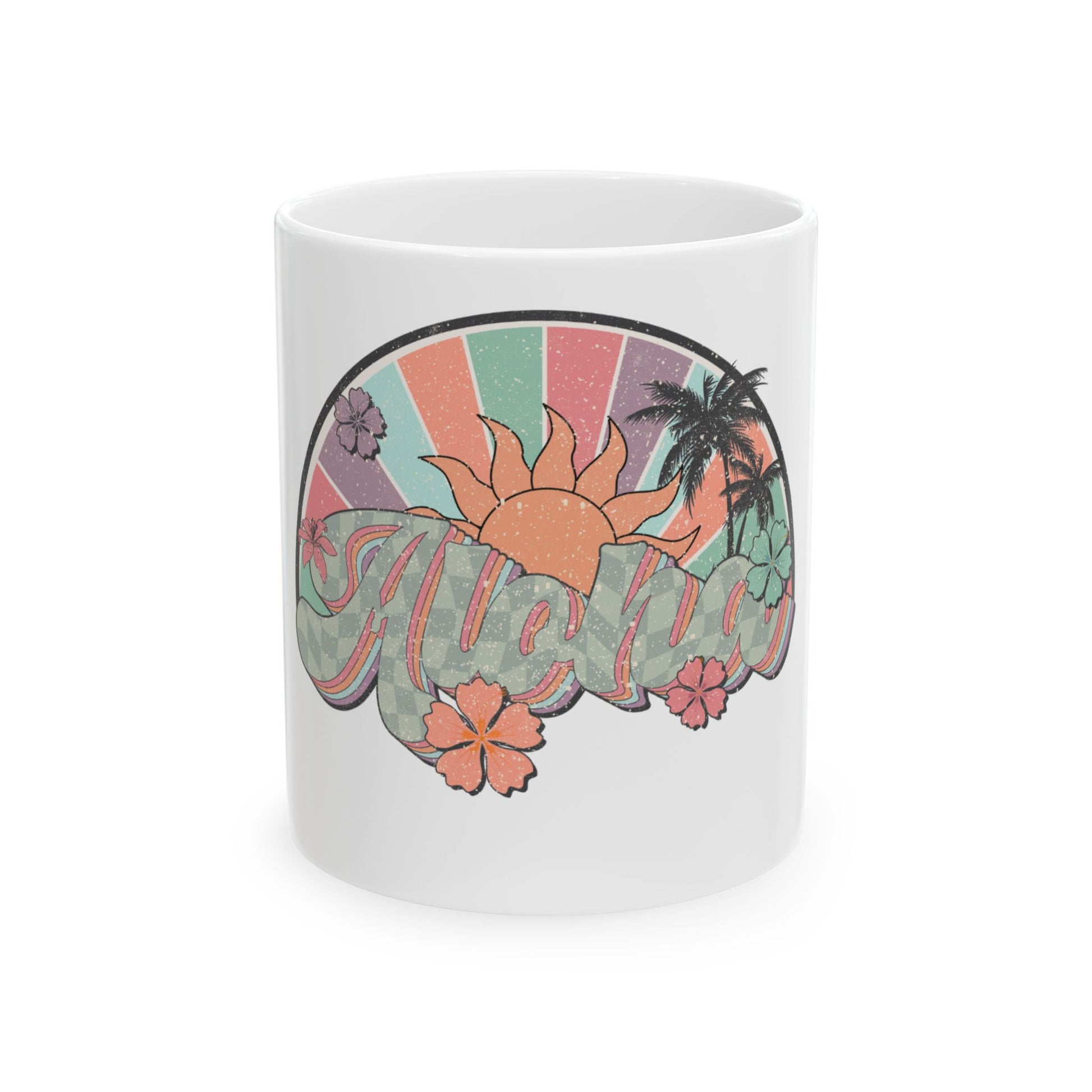 Mug with "Aloha" text, retro sunset, palm trees, and flowers.