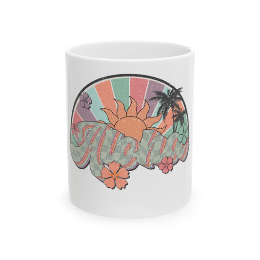 Mug with "Aloha" text, retro sunset, palm trees, and flowers.