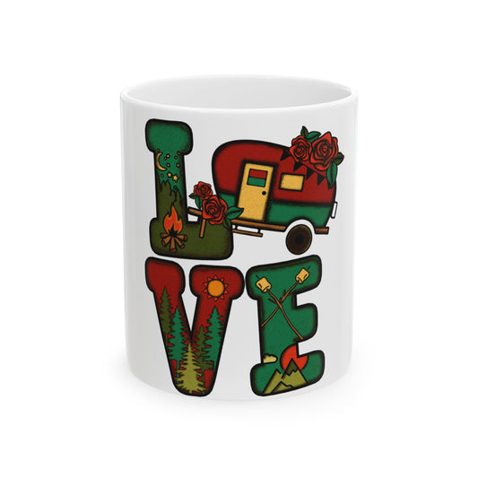 Mug with "LOVE" in a camping theme with a trailer and s'mores.