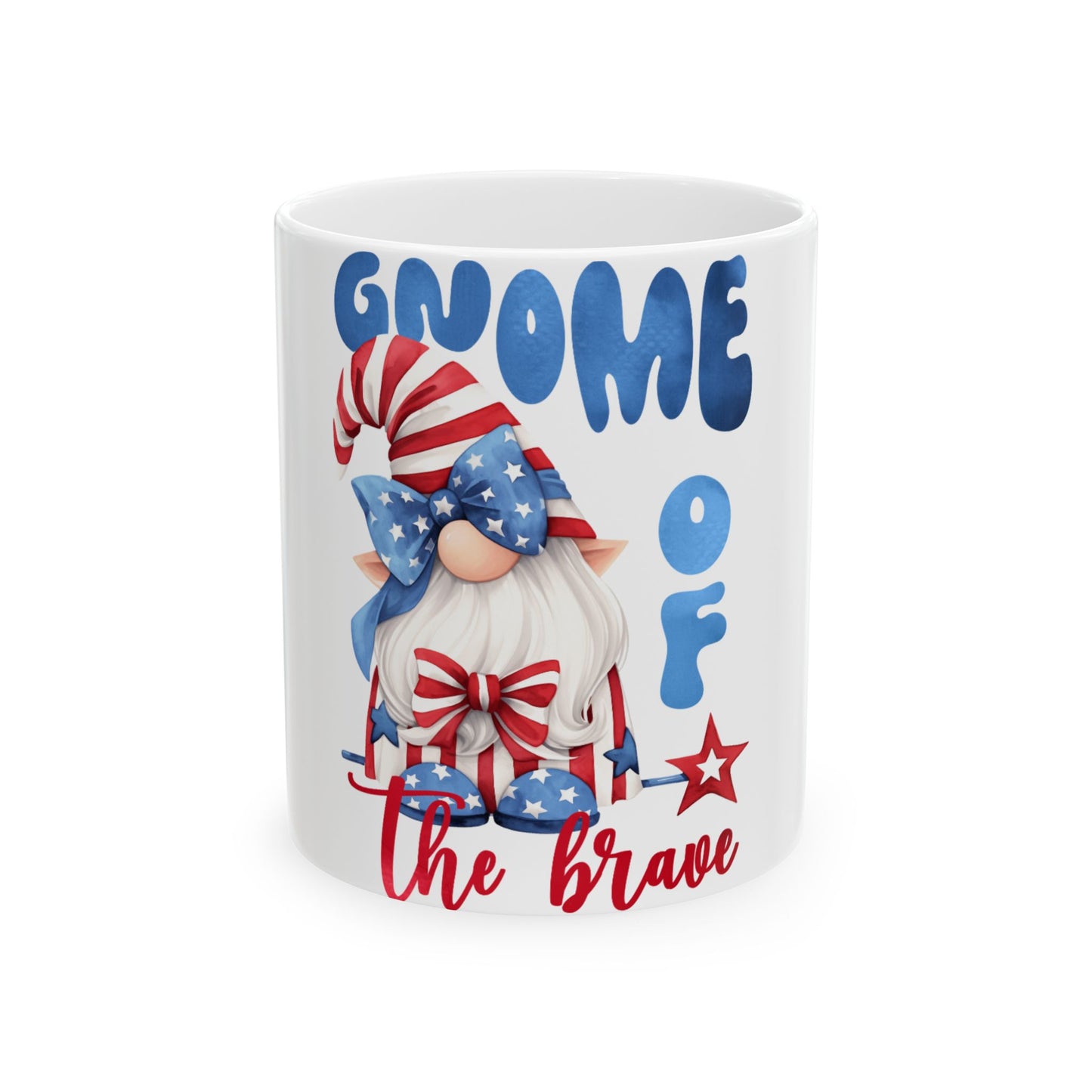 Gnome of the Brave patriotic mug with stars and stripes design.