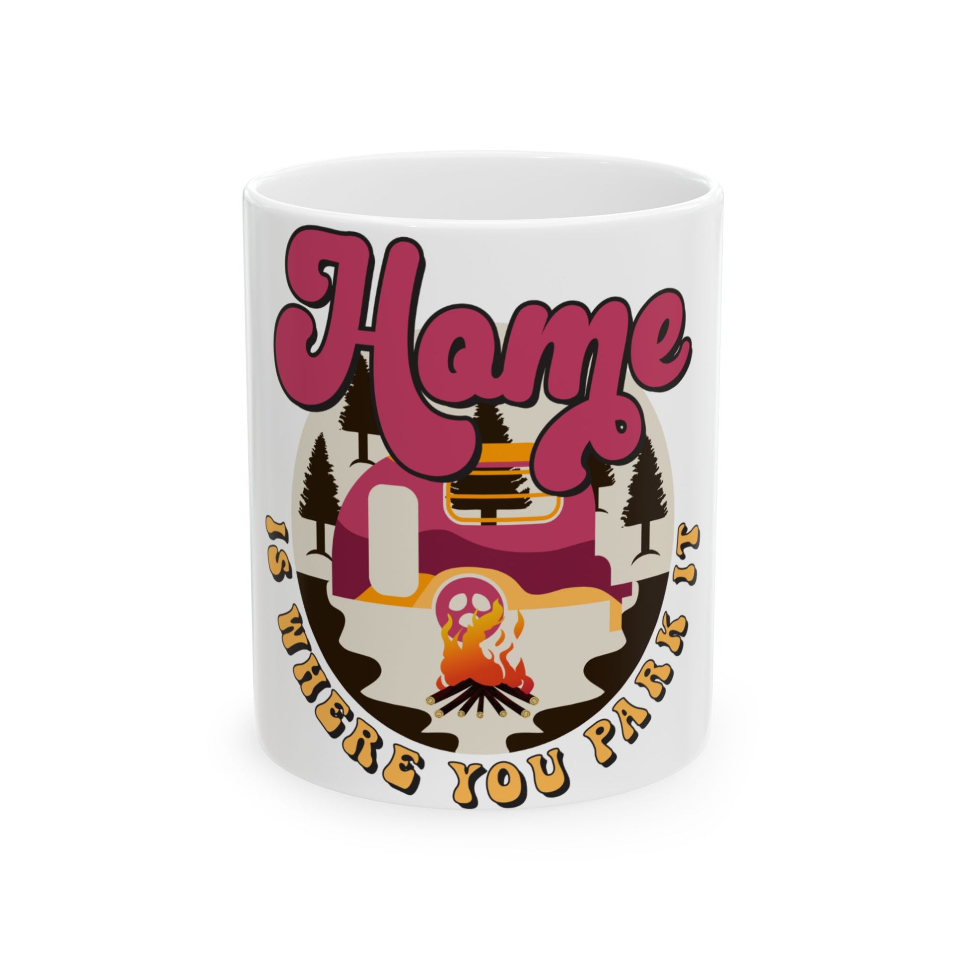 Mug with "Home is where you park it" and a retro camper illustration.