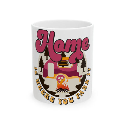Mug with "Home is where you park it" and a retro camper illustration.