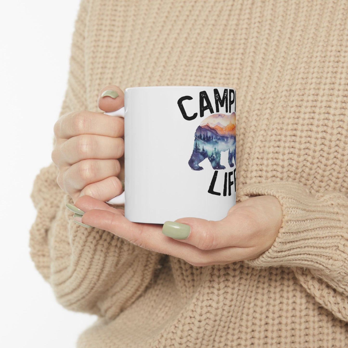 White mug with bear silhouette filled with forest scene and "CAMP LIFE" text.