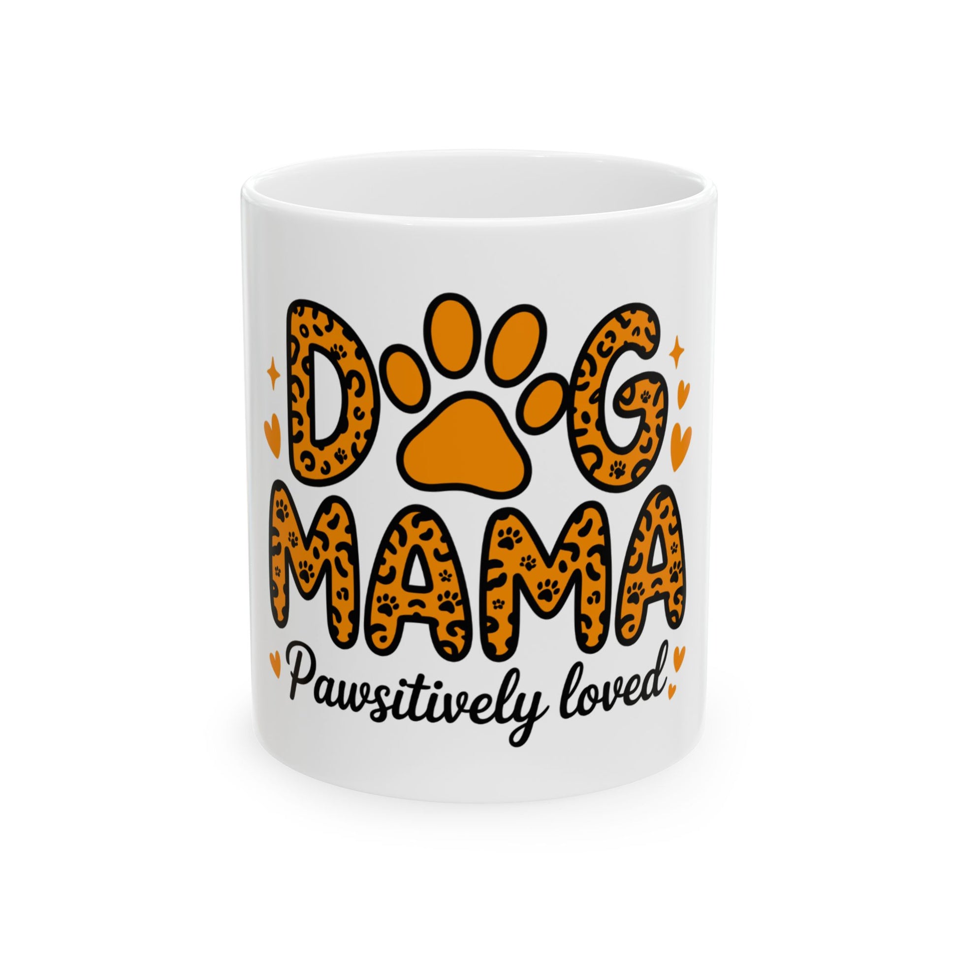 White mug with "Dog Mama" in leopard print and "Pawsitively loved"