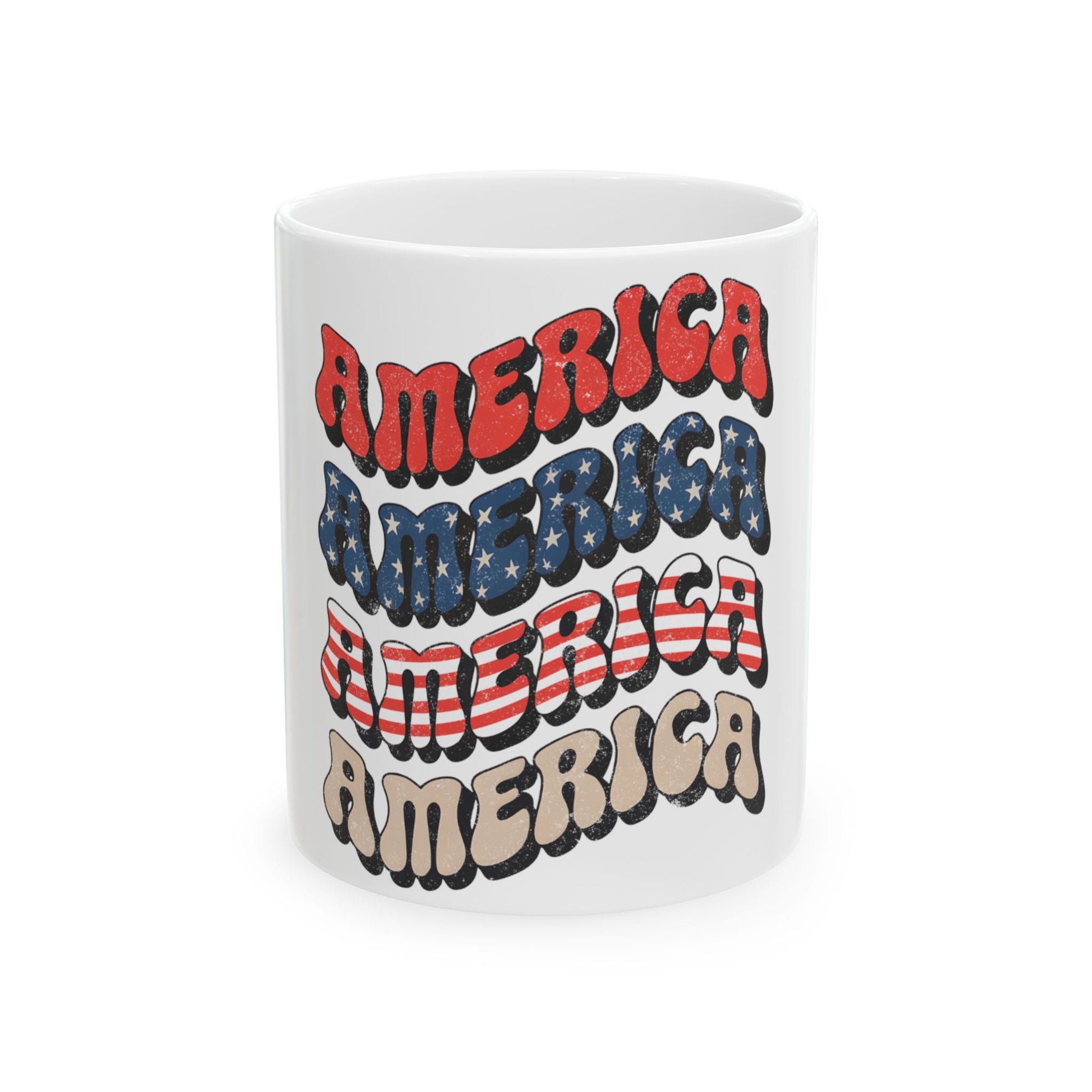 White mug with repeating "AMERICA" text in red, white, and blue patriotic design.