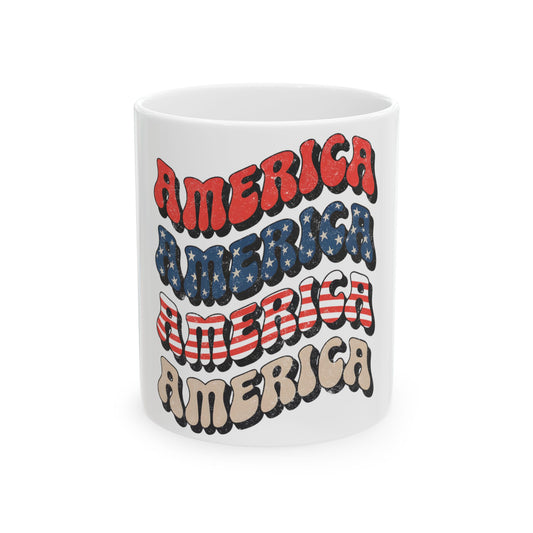 White mug with repeating "AMERICA" text in red, white, and blue patriotic design.