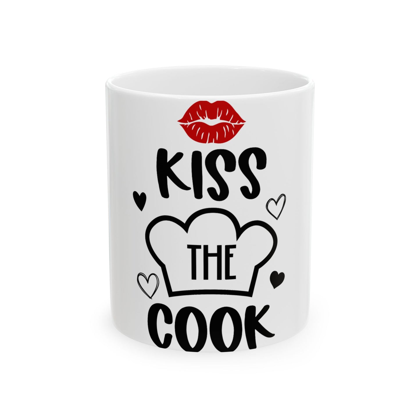 White mug with "Kiss the Cook" text and chef hat design.