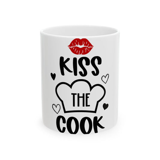 White mug with "Kiss the Cook" text and chef hat design.