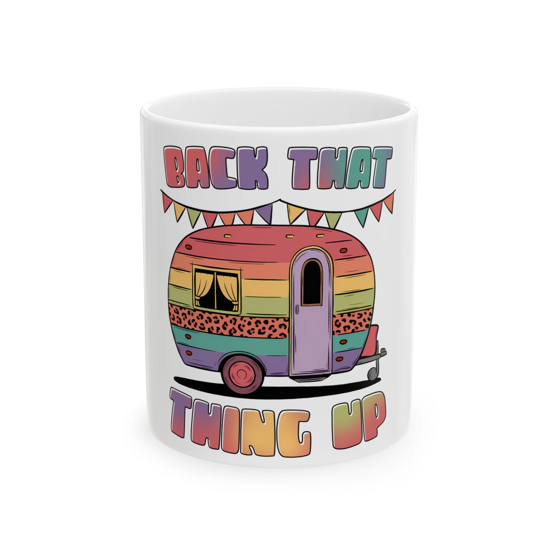 Retro camper illustration with rainbow stripes and text "BACK THAT THING UP".