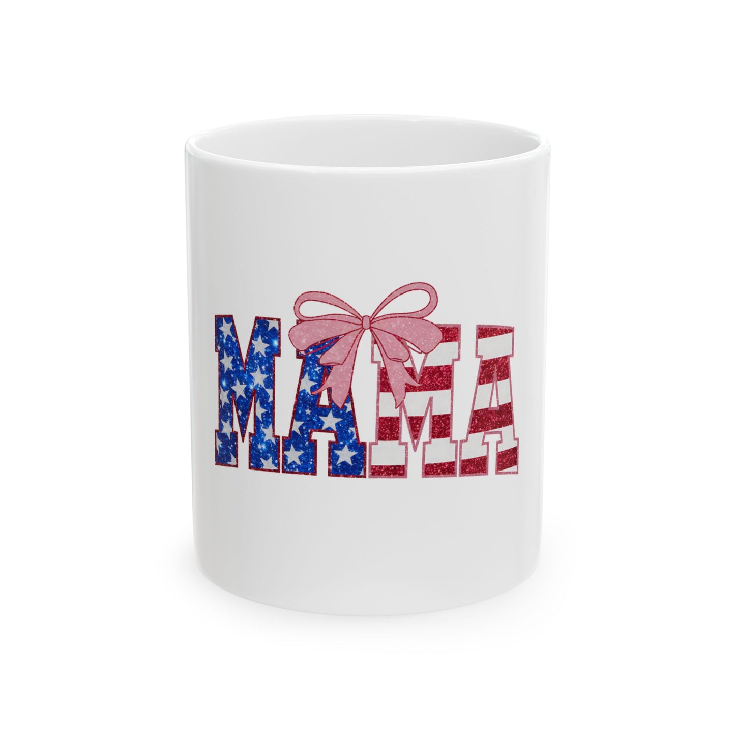 White mug with "MAMA" in American flag design and pink bow.