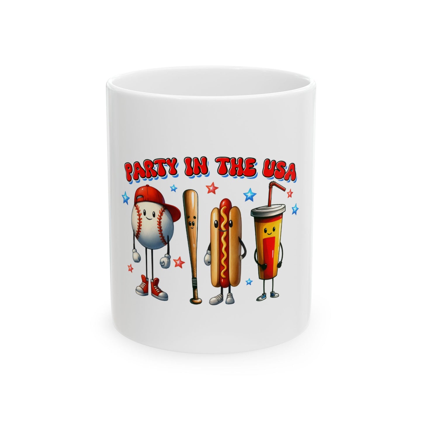 White mug with cartoon baseball, hot dog, and soda, "Party in the USA" text.