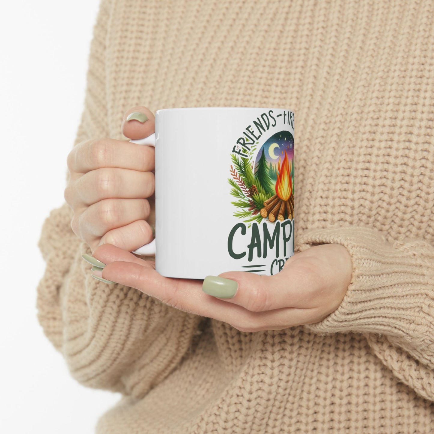 Mug with "Friends Campfire" and starry night scene illustration.