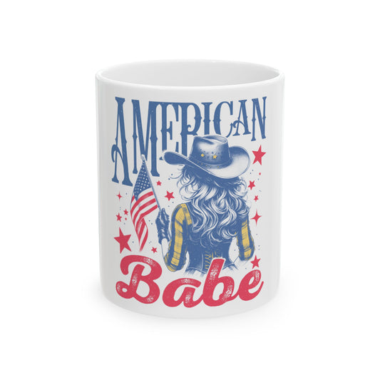 Mug featuring "AMERICAN BABE" text with a cowgirl holding a US flag.