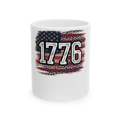 White mug with "1776" in distressed American flag and leopard print.