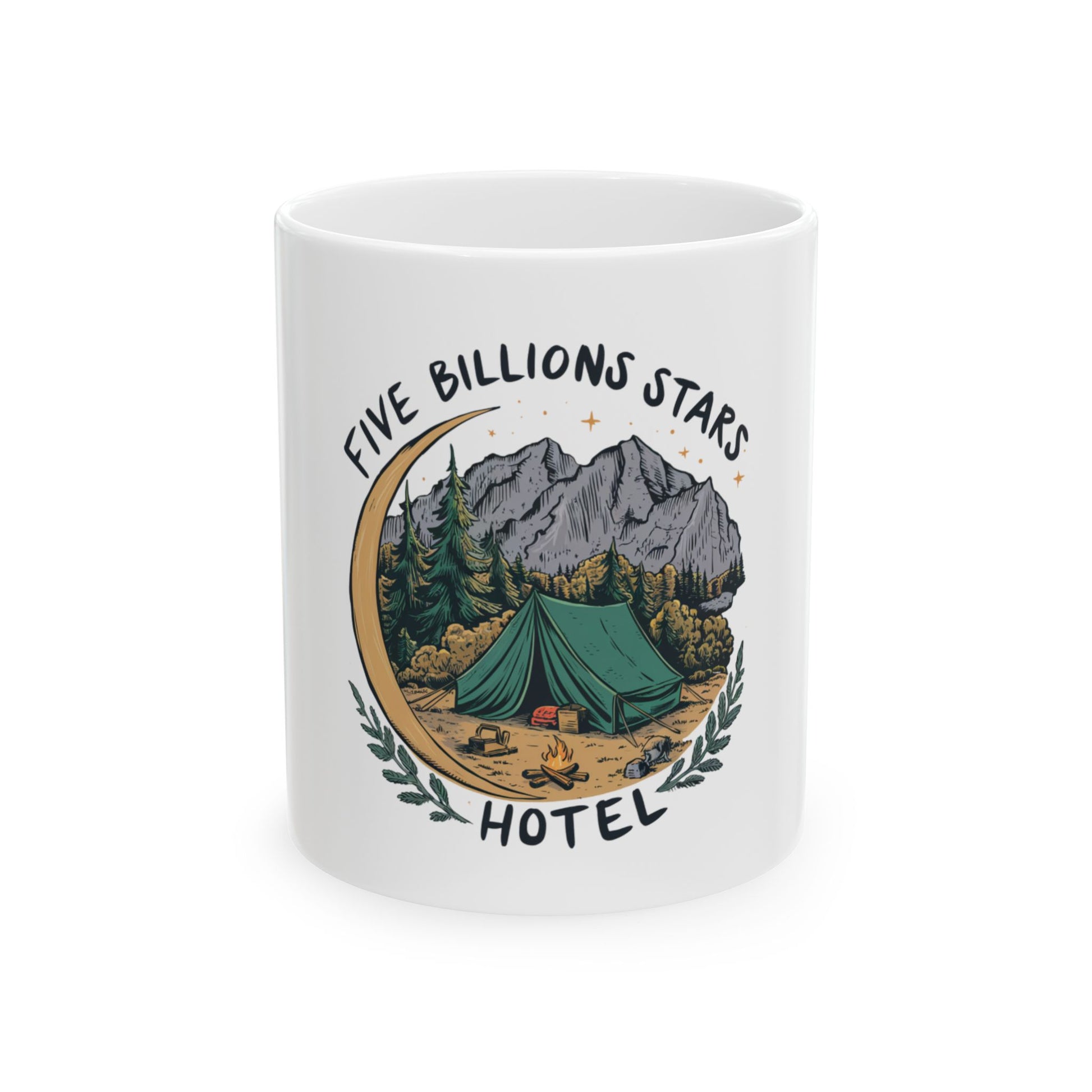 White mug with "Five Billions Stars Hotel" text and camping scene.