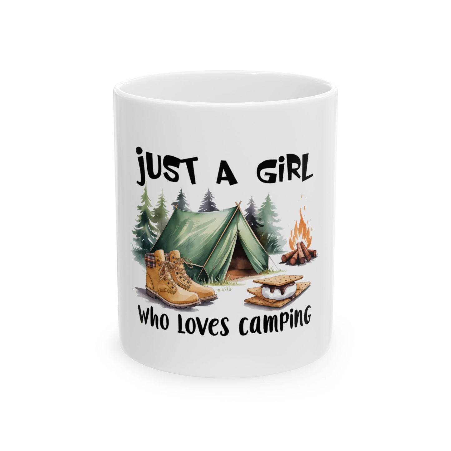 White mug with "Just a girl who loves camping" text and camping illustration.