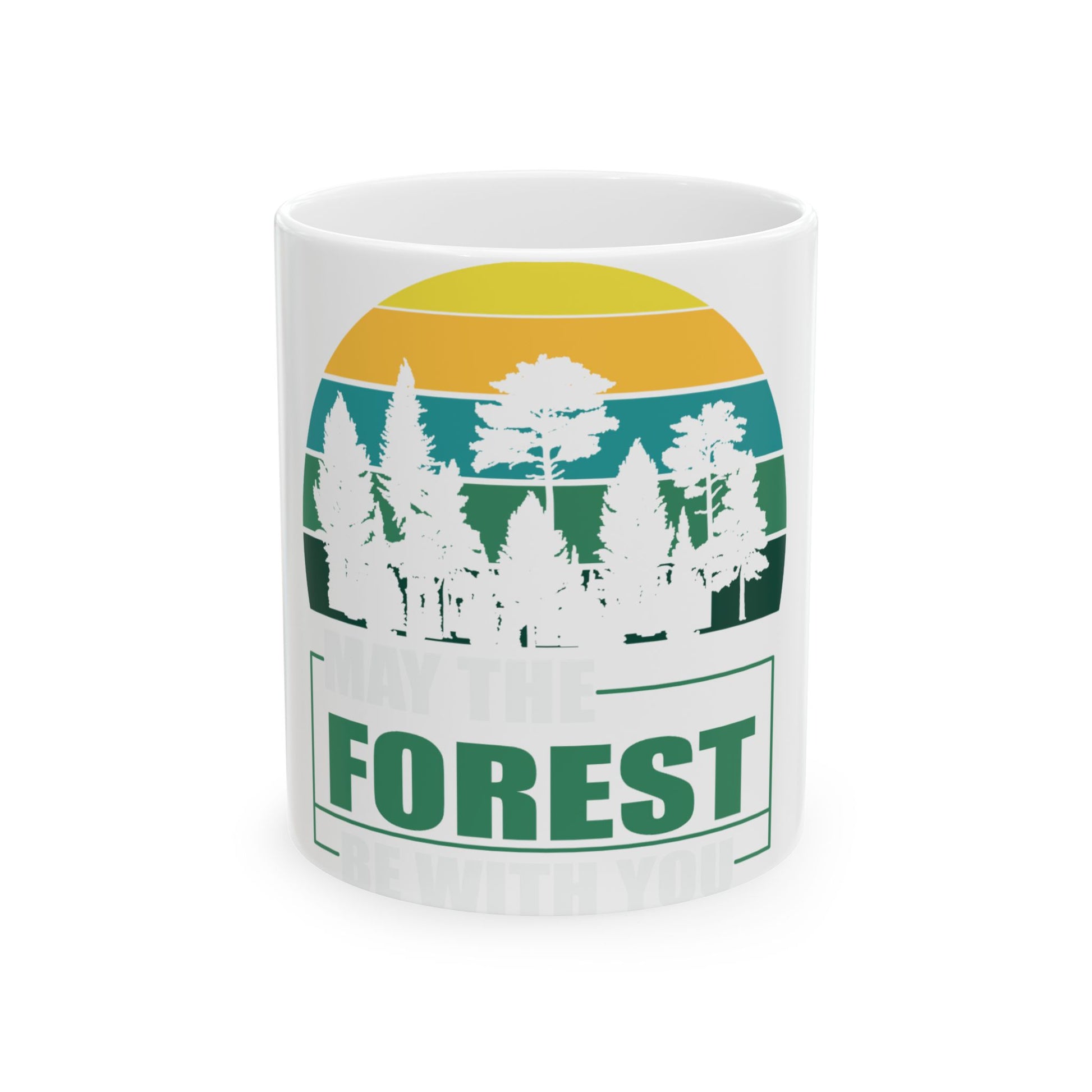 White mug with "May the Forest be with you" text and a stylized forest sunset graphic.