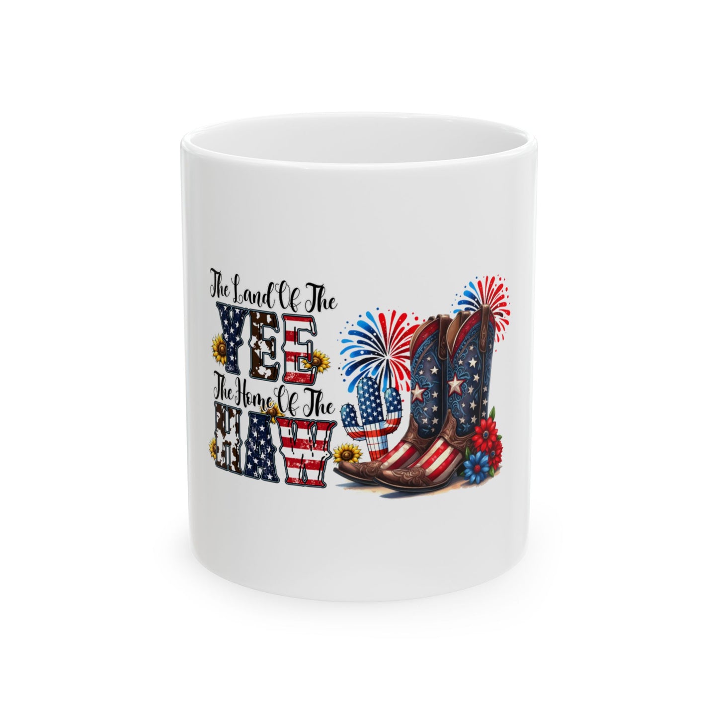 Mug with American flag cowboy boots and patriotic "The Land of the Free, The Home of the Brave" text.