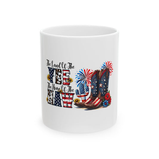 Mug with American flag cowboy boots and patriotic "The Land of the Free, The Home of the Brave" text.