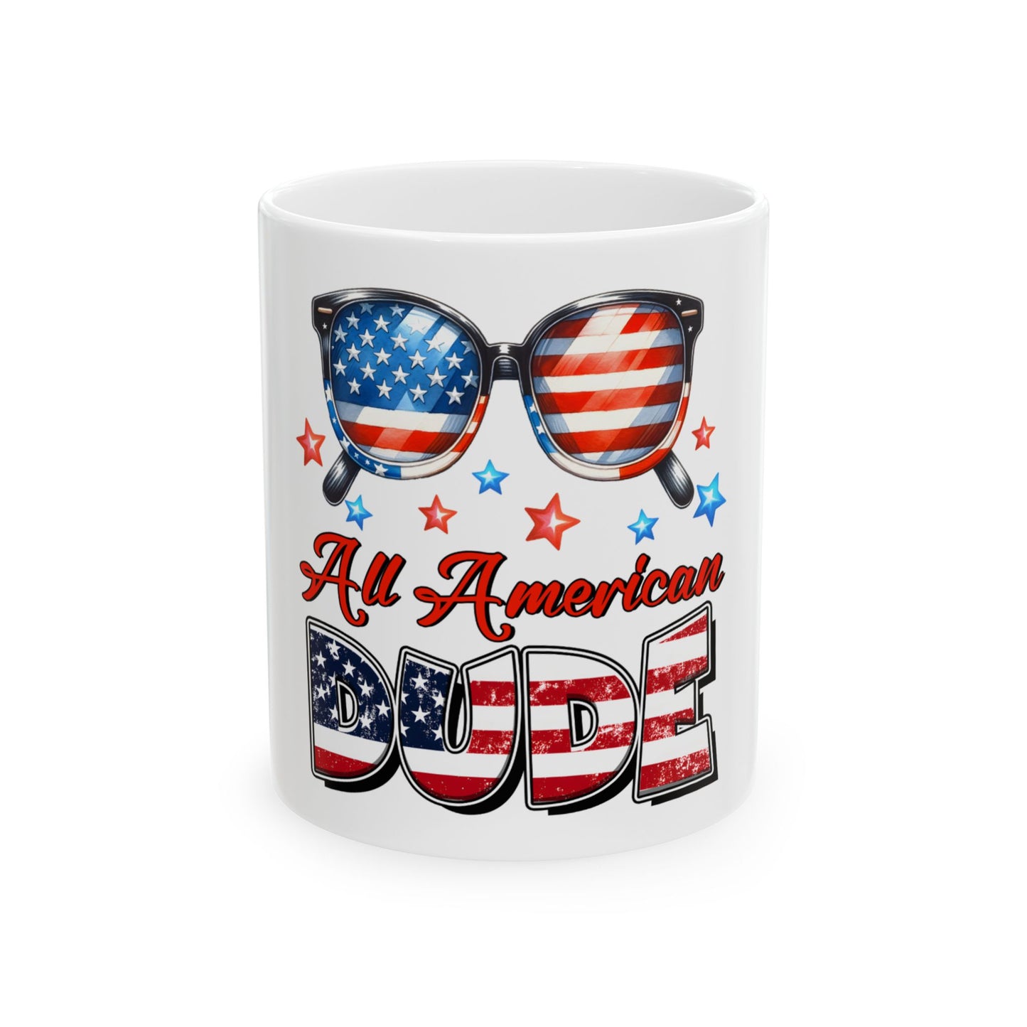 Mug with sunglasses and "All American Dude" text in patriotic colors.