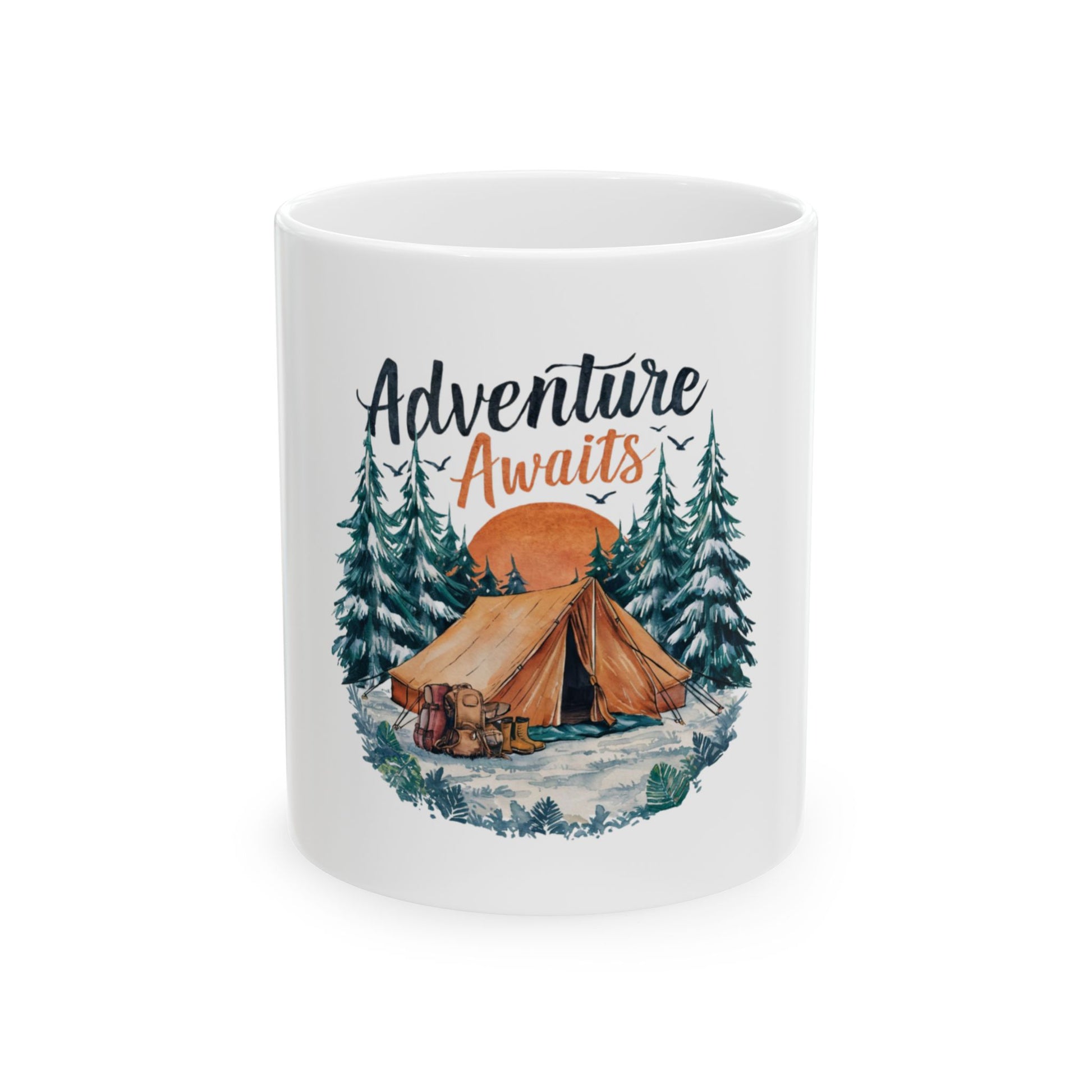White mug with "Adventure Awaits" text and a camping scene.