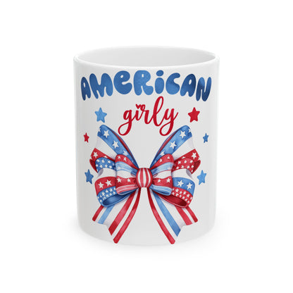 White mug with "American Girly" text and a red, white, and blue bow.