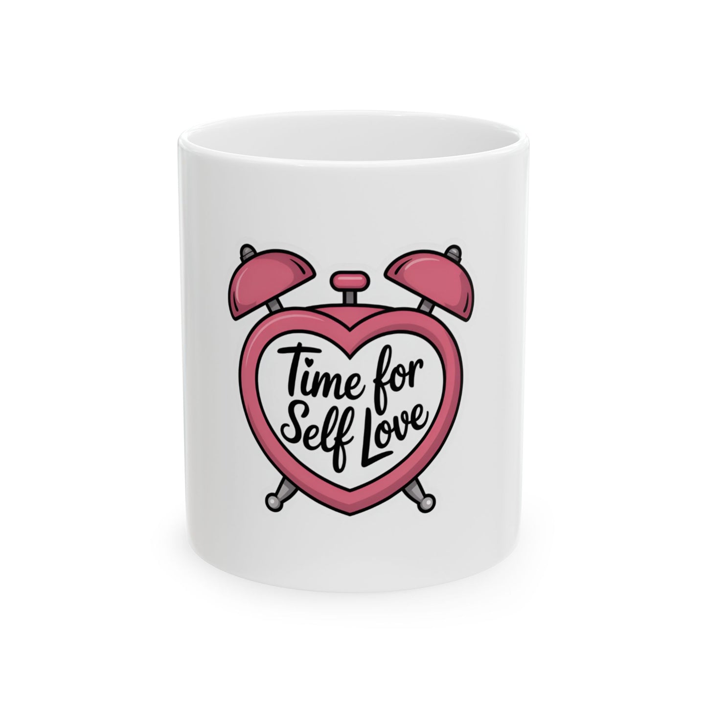 White mug with pink heart-shaped alarm clock and "Time for Self Love" text.
