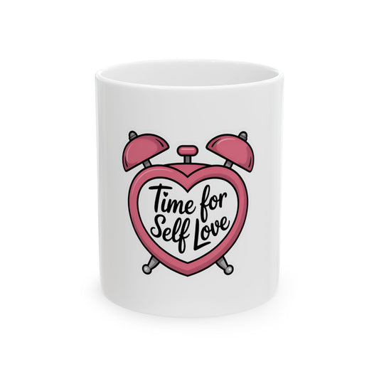 White mug with pink heart-shaped alarm clock and "Time for Self Love" text.