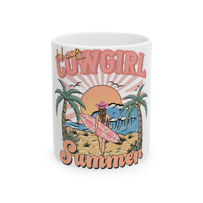 Cowgirl with surfboard on beach at sunset, "Hot Cowgirl Summer" text.