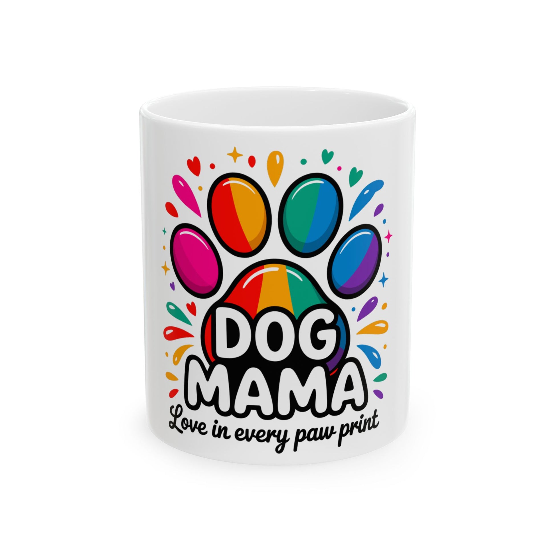 White mug with colorful paw print and "Dog Mama" text.