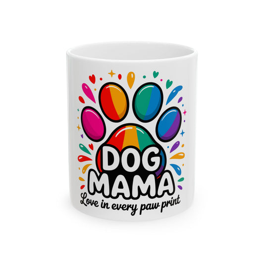 White mug with colorful paw print and "Dog Mama" text.