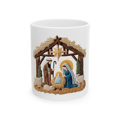 Nativity scene with Mary, Joseph, and baby Jesus in manger inside stable.