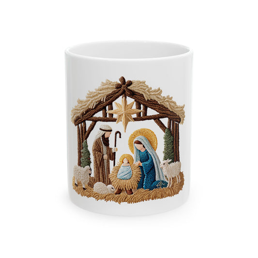 Nativity scene with Mary, Joseph, and baby Jesus in manger inside stable.