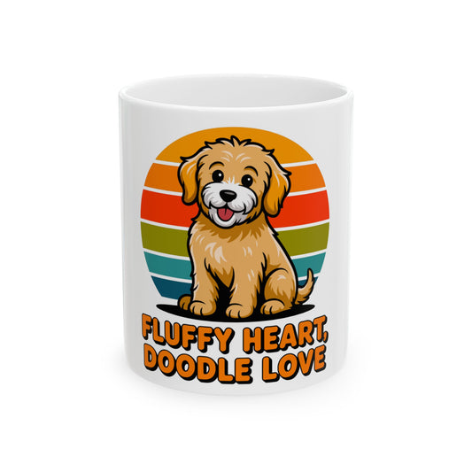 Cartoon doodle dog with "Fluffy Heart Doodle Love" text on mug.