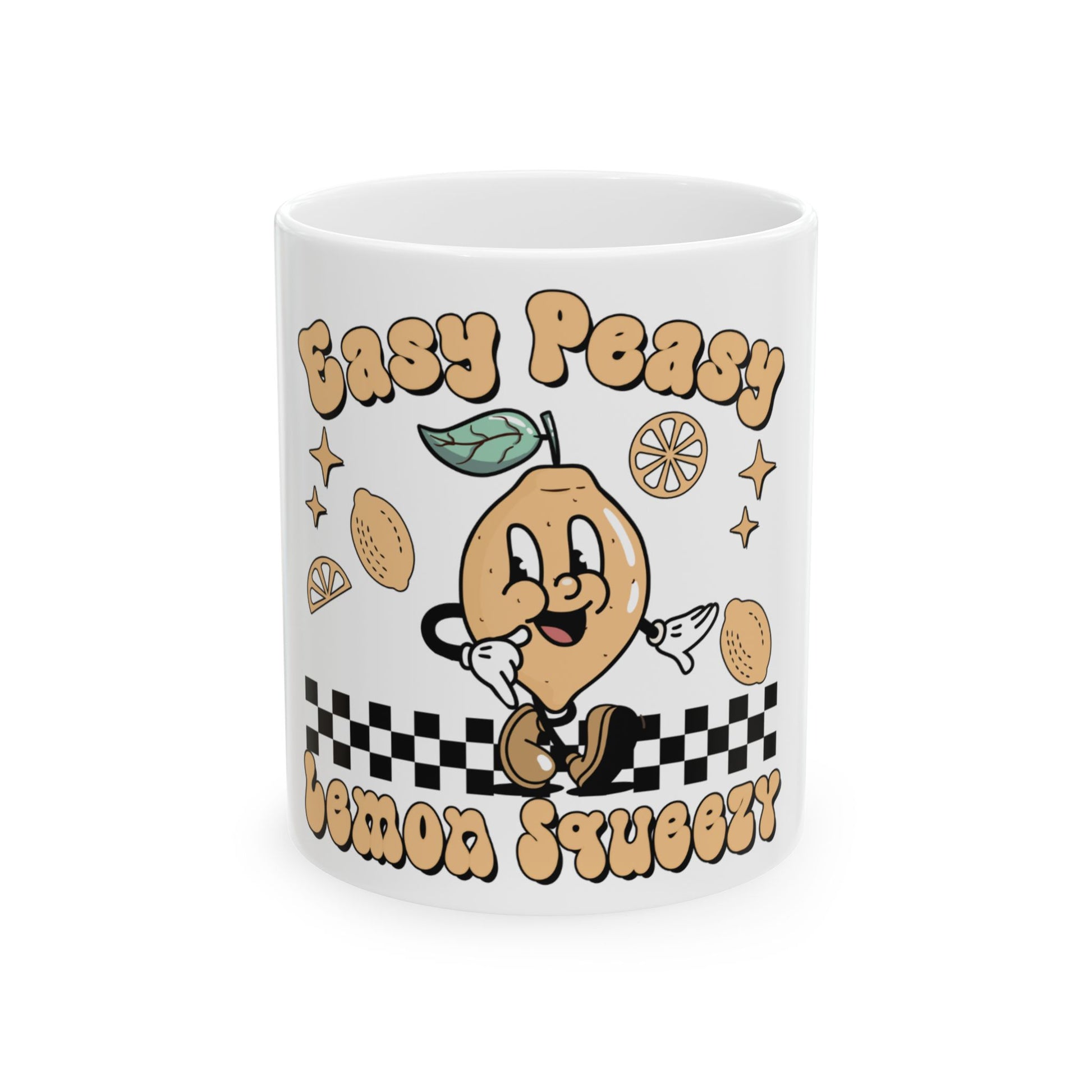 Gasy Peasy Lemon Squeezy mug with cartoon lemon character and checkered pattern.