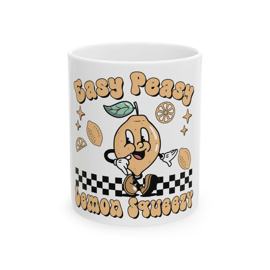 Gasy Peasy Lemon Squeezy mug with cartoon lemon character and checkered pattern.