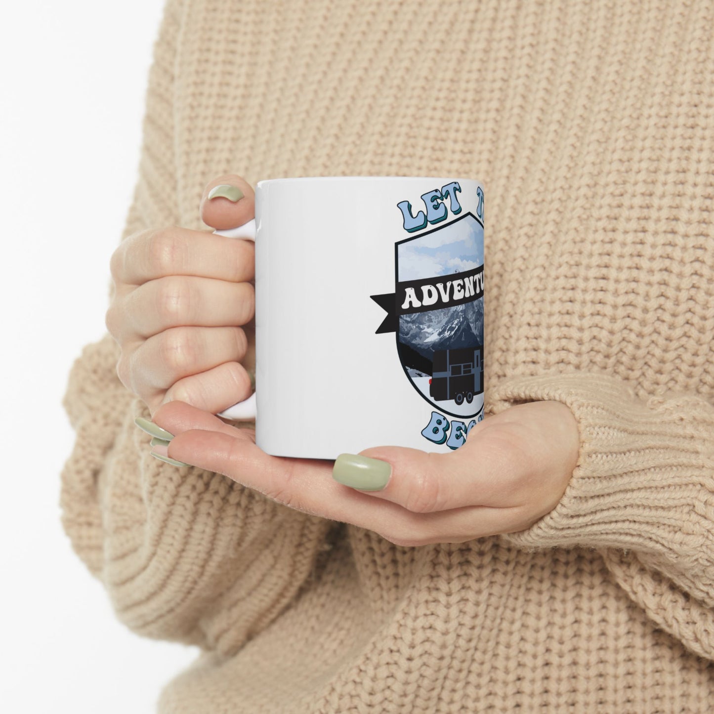 White mug with "Let the Adventure Begin" and truck graphic.