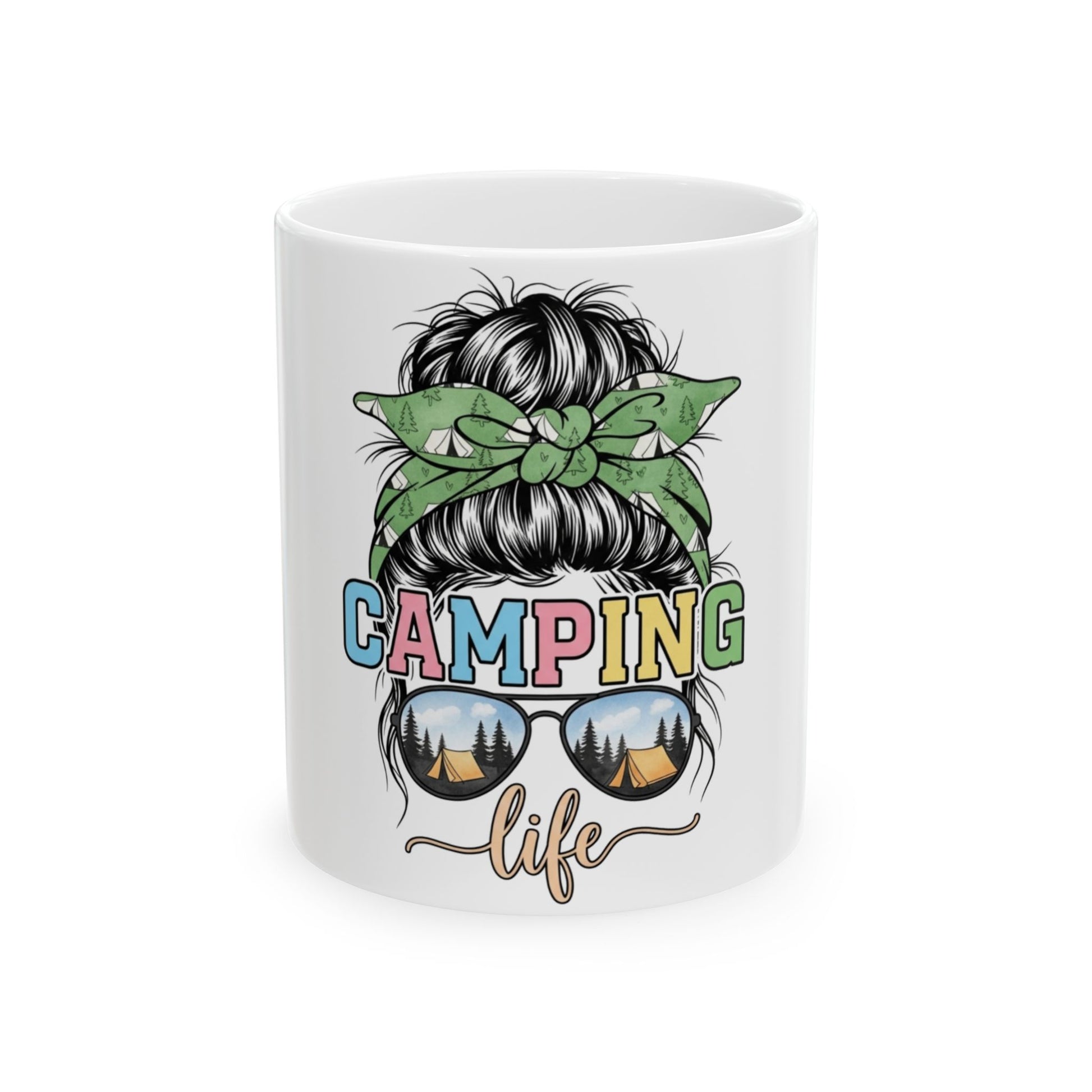 Mug with "Camping Life" text and messy bun design with sunglasses.