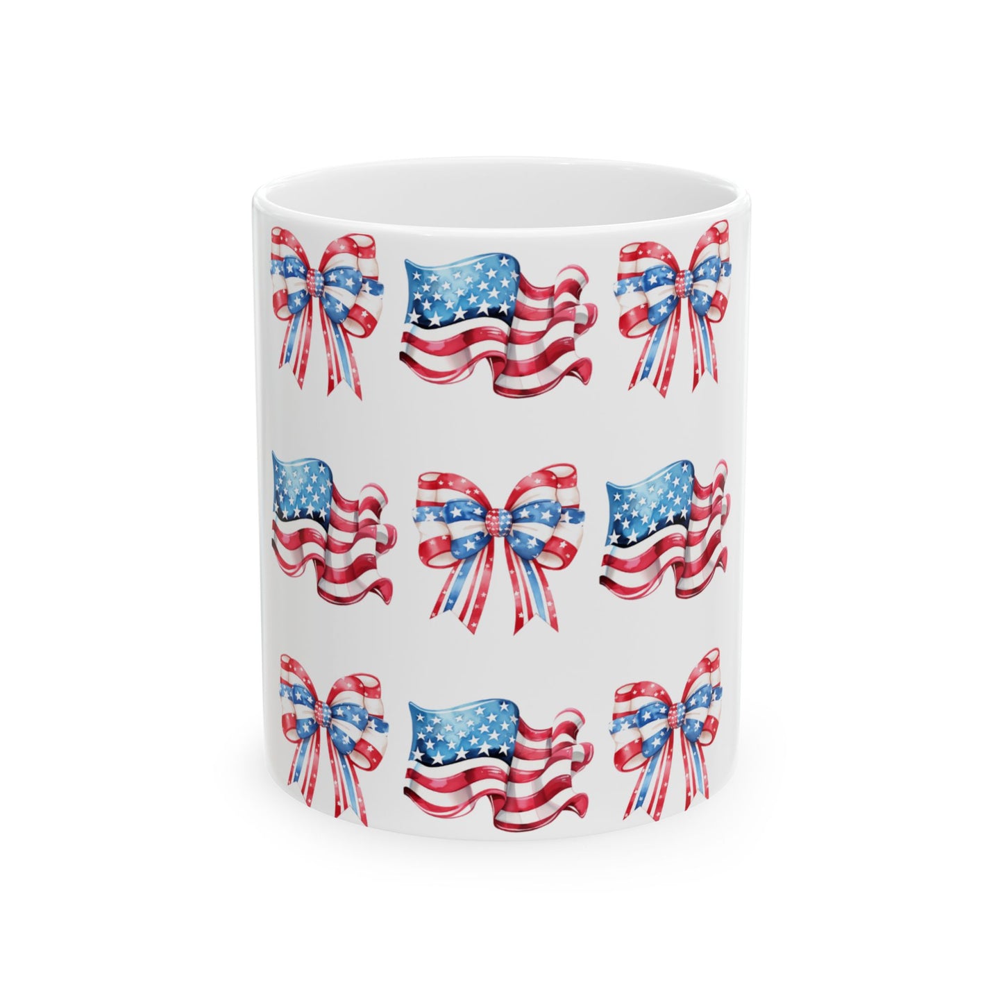 White mug with repeating pattern of American flag bows.