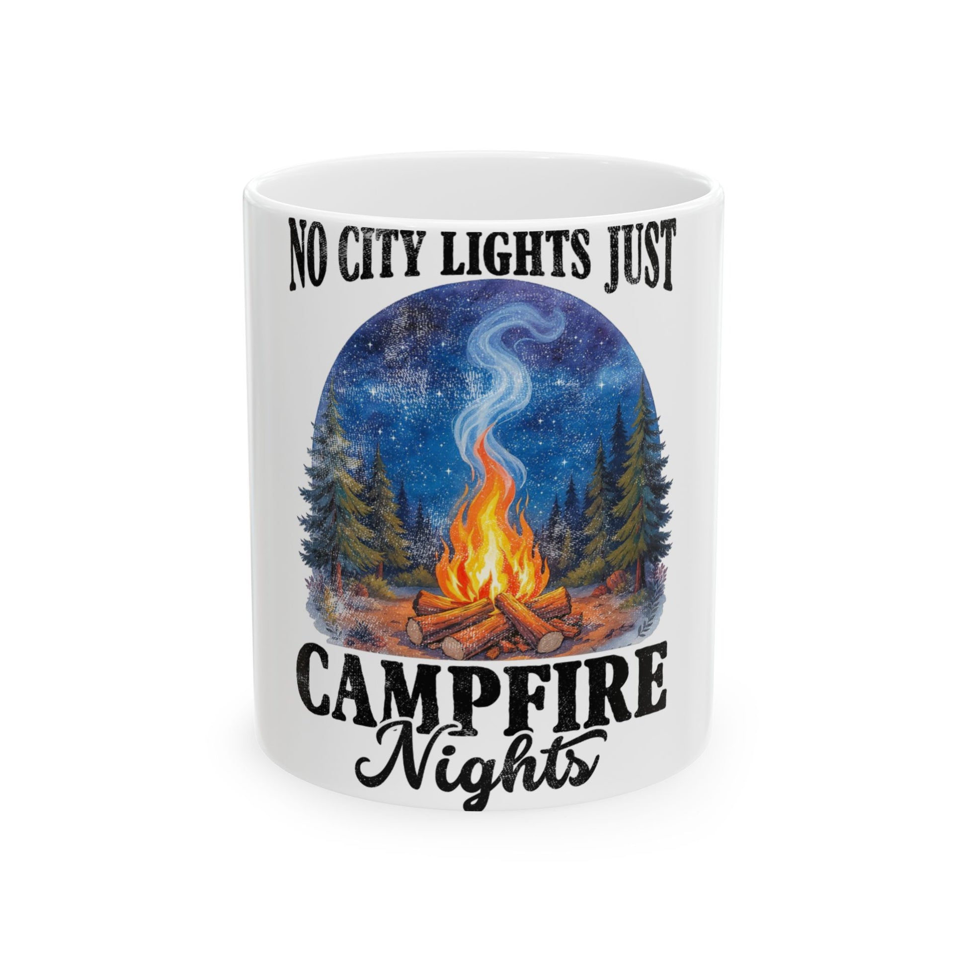 White mug with "No City Lights Just Campfire Nights" and campfire graphic.