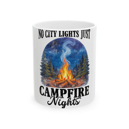 White mug with "No City Lights Just Campfire Nights" and campfire graphic.