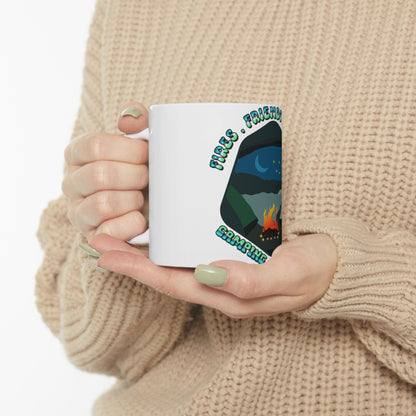 White mug with "FIRES FRIENDLY CAMPING" text and camping scene graphic.