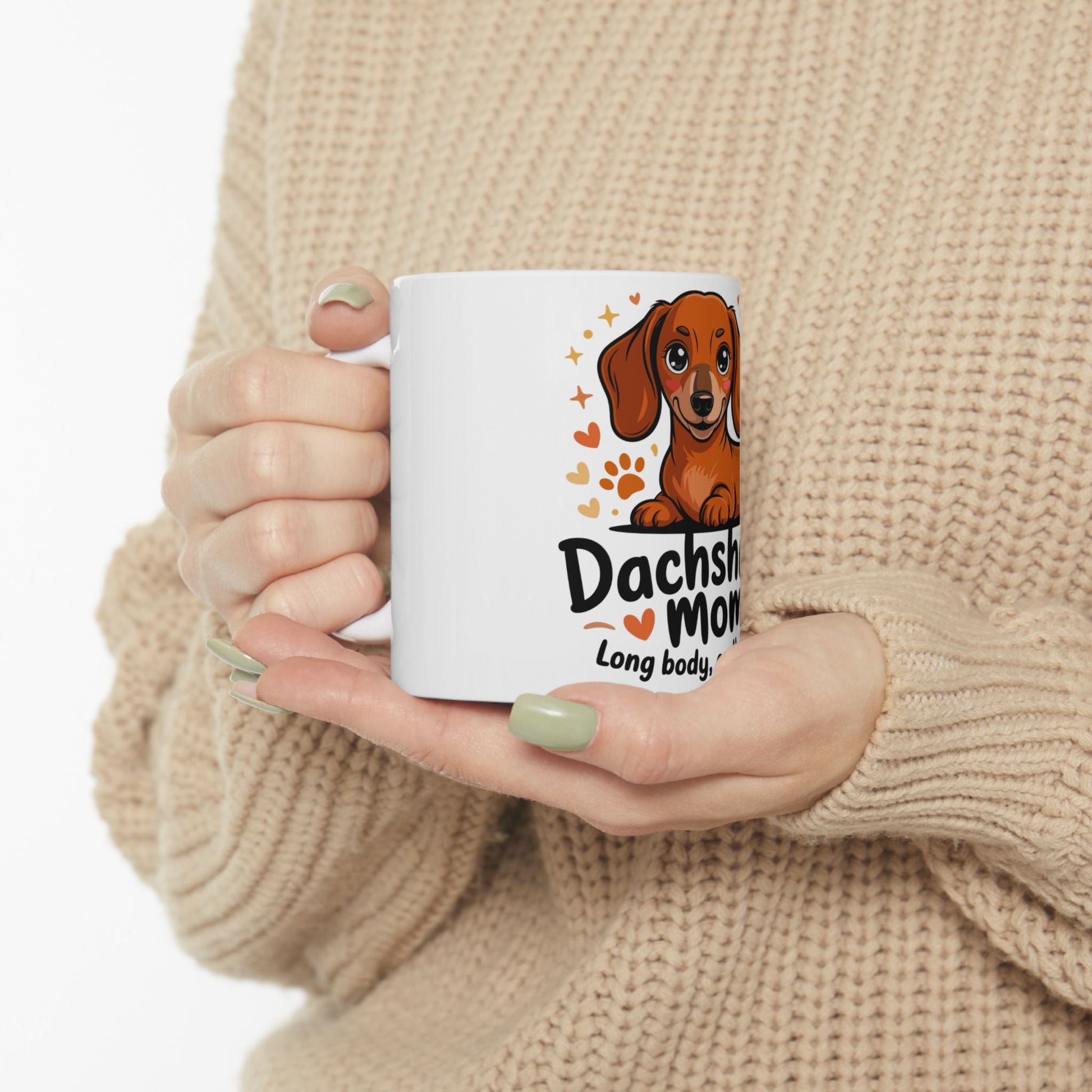 White mug with dachshund illustration and "Dachshund Mom" text.