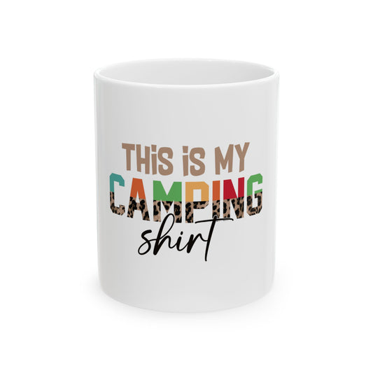 White mug with "This is my CAMPING shirt" text and leopard print.