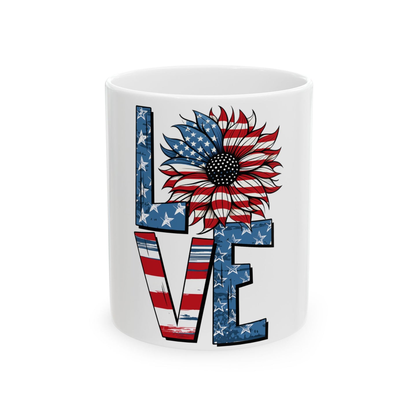 White mug with "LOVE" text incorporating US flag sunflower design.
