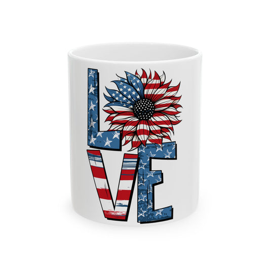 White mug with "LOVE" text incorporating US flag sunflower design.