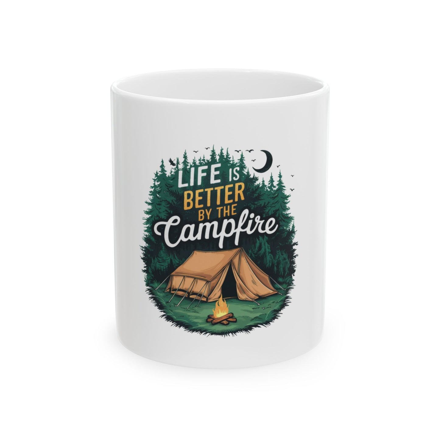 White mug with "Life is Better by the Campfire" text and forest illustration.