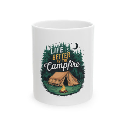 White mug with "Life is Better by the Campfire" text and forest illustration.