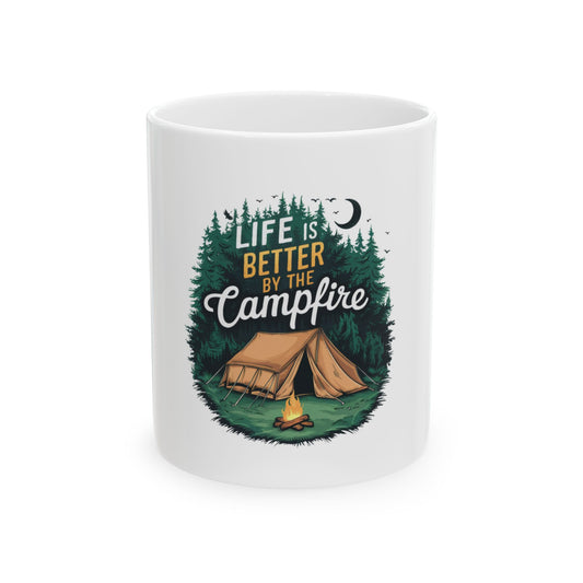 White mug with "Life is Better by the Campfire" text and forest illustration.