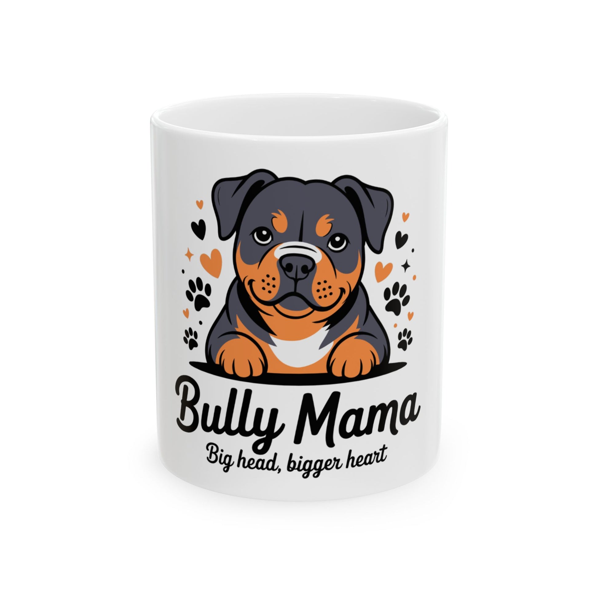 Bully Mama mug with cartoon Rottweiler and paw prints.